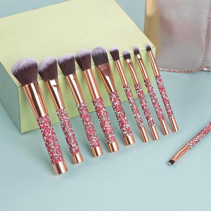 Glitz and Glam Essentials Makeup Brushes 1 Set Rhinestone Makeup Brush Set Professional Beauty Cosmetic Brushes with Bag for Face Make Up Tools (pink)