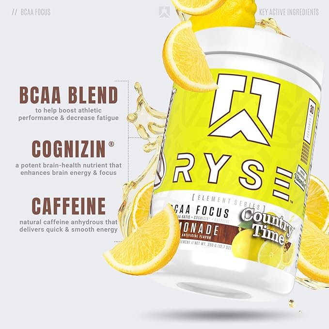 RYSE BCAA Focus Powder - Country Time Lemonade - BCAA Supplement with Electrolytes Natural Caffeine &amp Cognizin Supports for Hydration Recovery Energy and Focus for Men &amp Women - 30 Serving