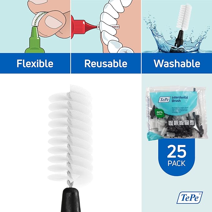 TePe Interdental Brush Original Soft Dental Brush for Teeth Cleaning Pack of 25 1.5 mm Extra-Large Gaps Black Size 8