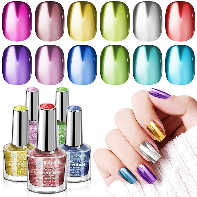SAVILAND Quick Dry Nail Polish Set Christmas: Chrome Metallic Holographic Nails Polish Kit Gold Sliver Air Dry 14 Pcs Regular Nail Polish with Base and Top Coat DIY Art Salon Home Gift for Women
