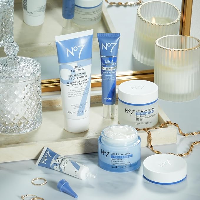 No7 Lift &amp Luminate Triple Action Skincare Set - Broad Spectrum Anti Aging Day Cream SPF 30 + Vitamin C Wrinkle Serum + Collagen Peptide Brightening Night Cream (3 Piece Kit)