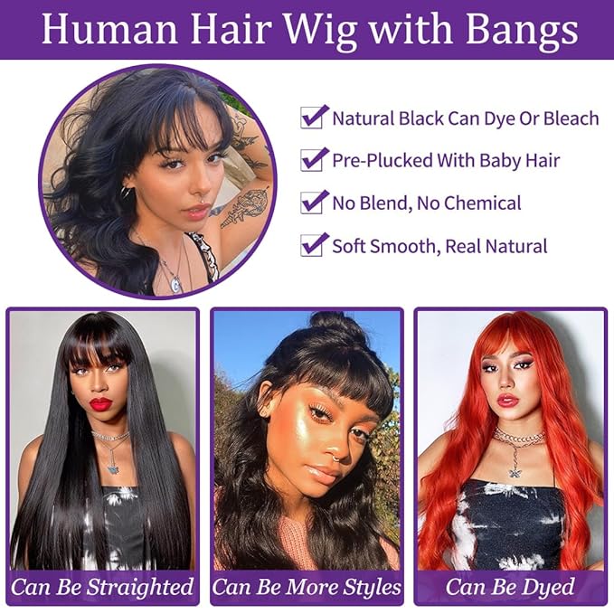 Body Wave Wigs With Bangs Human Hair For Black Women 16Inch None Lace Front Wigs 150% Density Brazilian Virgin Hair Glueless Human Hair With Bangs Natural Color Body With Bangs