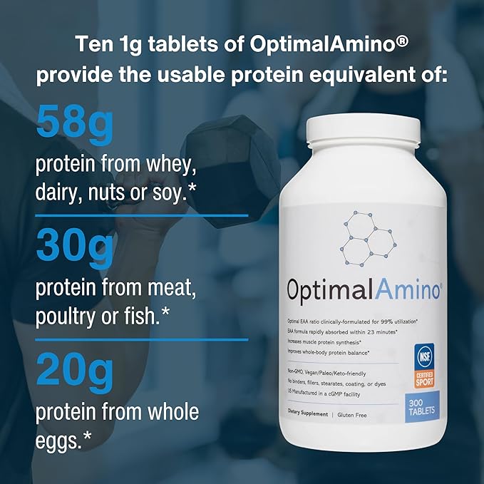 OptimalAmino Tablets (300 Count) | 99% Utilized Essential Amino Acid (EAA) Supplement Increase Muscle Recovery BCAA Protein Pre/Post Workout | NSF Certified for Sport® Certified