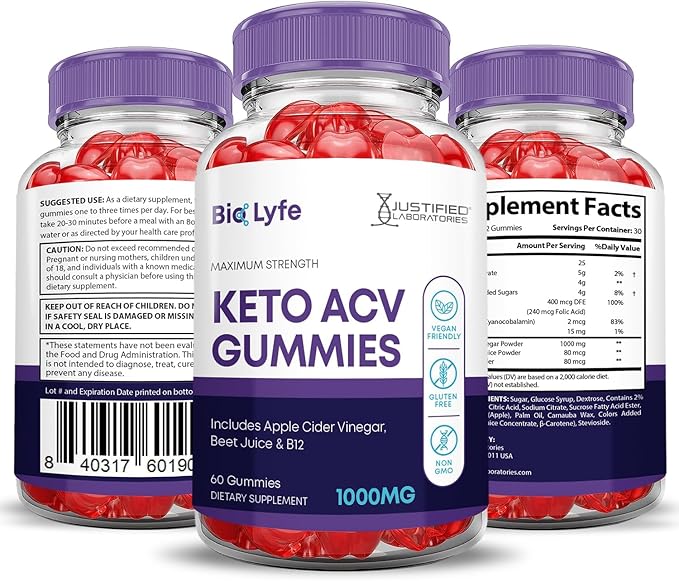 (2 Pack) Bio Lyfe Keto ACV Gummies Advanced Formula 1000MG Biolyfe Keto Gummies Apple Cider Vinegar Formulated with Pomegranate Beet Juice Powder B12 Vegan Non GMO 120 Gummys