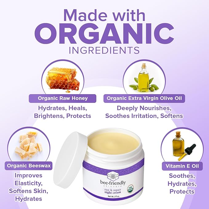 BeeFriendly Organic Night Cream USDA Certified Organic Deep Hydrating &amp Moisturizing Night Time Eye Face Neck &amp Decollete Cream for Women and Men Anti Aging Anti Wrinkle 6 oz - 3 Pack
