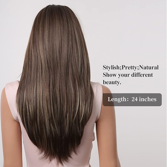 Heat Resistant Synthetic Wigs Long Layered Black Blonde Highlights with Bangs for Women Party Cosplay (Light Brown24)