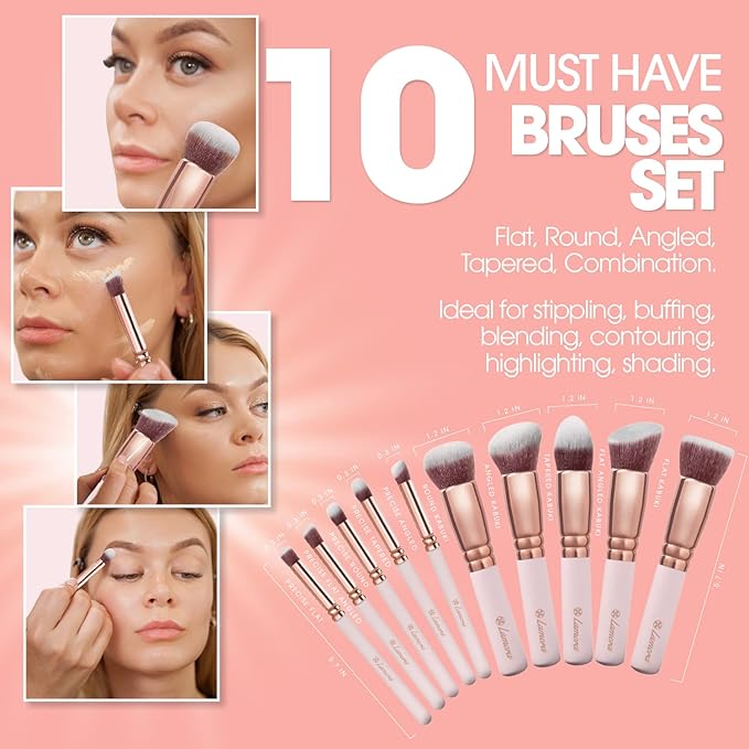 Kabuki Makeup Brush Set - Foundation Powder Blush Concealer Contour Brushes - Perfect for Liquid Cream or Mineral Products - 10 Pc Collection with Premium Synthetic Bristles for Eye and Face Cosmetic