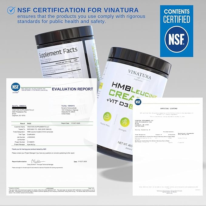 VINATURA HMB Creatine Leucine Powder - 5g Creatine Monohydrate 3g HMB Supplement 3g L-Leucine - Vitamin D3 Vegan Lemonade Flavor Muscle &amp Strength Support - 30 Servings