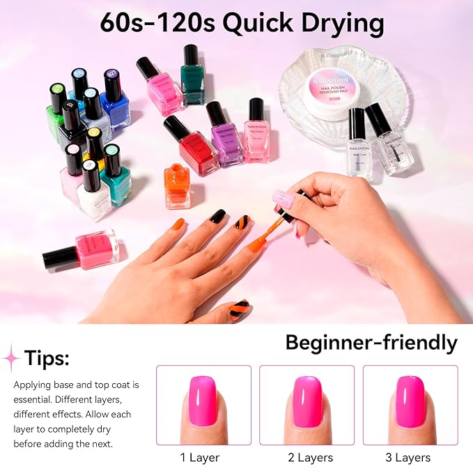 Nail Polish 16 Colors Rainbow Air Dry Regular Nail Polish Set with Base Top Coat &amp Remover Pads| White Red Classic French Fingernail Polishes Non-gel Bulk Gift for Nail Art Lovers