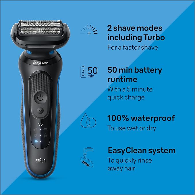 Braun Electric Shaver for Men Series 5 5150cs Wet &amp Dry Razor Turbo Shaving Mode Foil Shaver with Beard Trimmer Body Groomer and Charging Stand Blue Holiday Gifts for Men