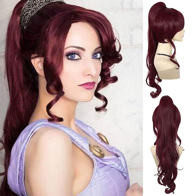 GNIMEGIL Short Wine Red Wigs for Women with 27 inch Long Ponytail in Deep Burgundy Wig with Bangs Trendy Hair Accessory Megara Wigs with Hair Extensions Ponytail Halloween Costume Dark Cherry Red Wig