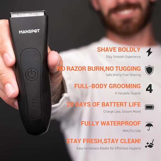 MANSPOT Manscape Groin &amp Body Hair Trimmer for Men Electric Ball Pubic Trimmer ShaverManscape Kit with 4 GuardReplaceable Ceramic Blade HeadsWaterproof Wet/Dry Shaver90 Minutes Shaving