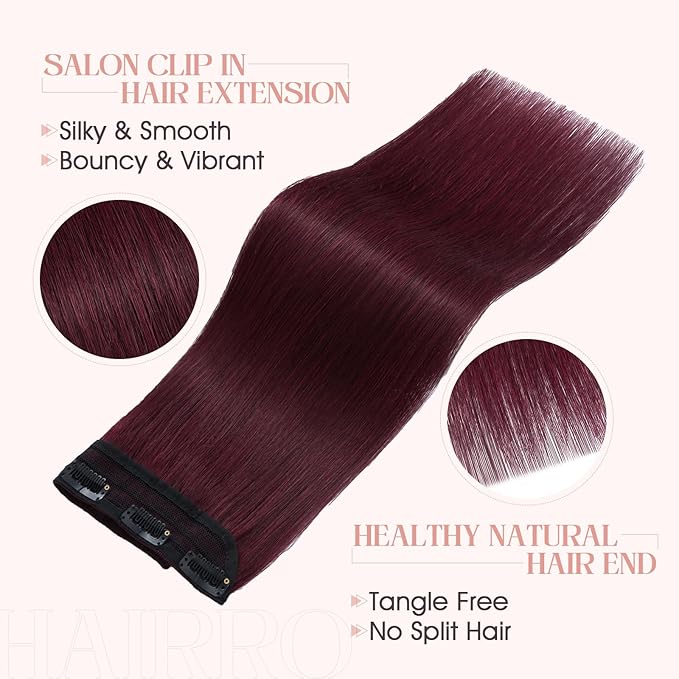 Hairro Clip in Hair Extensions Real Human Hair 14 Inch Clip in Thin Remy Hairpieces Burgundy Short Straight Standard Weft One Piece 5 Clips 45g for Women#99J Wine Red