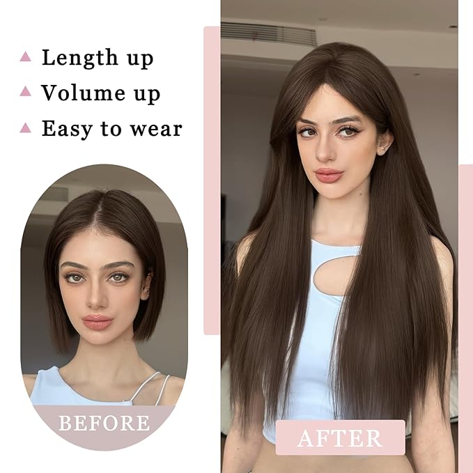 Toppers Hair Pieces for Women 24 Inch Long Straight Top Hair Pieces Hair Extensions Clip Ins Layered Wig Toppers for Thinning Hairs Synthetic Hairline Topper Clip on Hair Toppers Brown