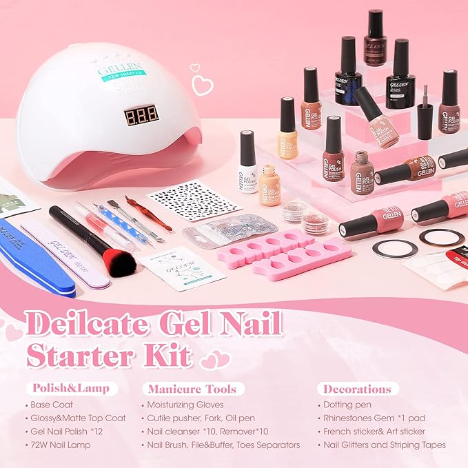 Gellen Gel Nail Polish Kit with U V LED Light 72W Nail Dryer 12 Gel Nail Colors No Wipe Top Base Coat Nail Art Decorations Manicure Tools All-In-One Manicure Kit for Mother's Day Gift