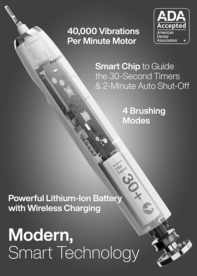 Aquasonic Vibe Series Ultra-Whitening Toothbrush ? ADA Accepted Electric Toothbrush - 8 Brush Heads &amp Travel Case ? 40000 VPM Motor &amp Wireless Charging - 4 Modes w Smart Timer ? Optic White