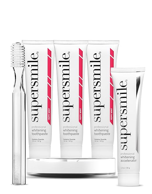 Supersmile Peppy Mint Teeth Whitening Toothpaste Set Complete 5-Piece Travel Set with 3 Toothpastes 1 Accelerator &amp 1 Toothbrush Whitening Toothpaste Kit Whitens up to 6 shades.