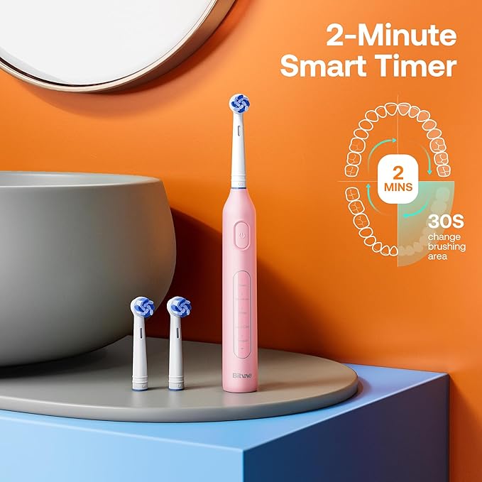 Bitvae R1 Rotating Electric Toothbrush with 8 Brush Heads for Adults and Kids 5 Modes Rechargeable Power Toothbrush 3 Hours Fast Charge for 60 Days Brushing Timer Pink