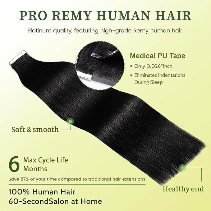 DNE Tape in Hair Extensions Real Human Hair 20 inches 20Pcs/50g/Pack Seamless #1 Jet Black Dark Color Straight Invisible Double Sided Tape in Hair Extensions for Women/Girls Can Bleached and Curl