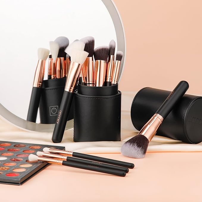 docolor Makeup Brush Set Professional 15 PCS Black Wood Handle Makeup Brushes Premium Cruelty-Free Synthetic Fiber Hair Travel Make up Brushes Set with Case