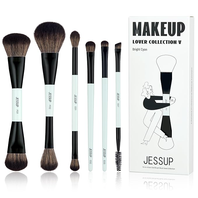 Jessup Makeup Brush Set 6pcs Double Sided Makeup Brushes Foundation Contour Blush Highlight Blending Eyebrow Brush Eyeshadow Brush Vegan Fiber Make up Brush Bright Cyan T501