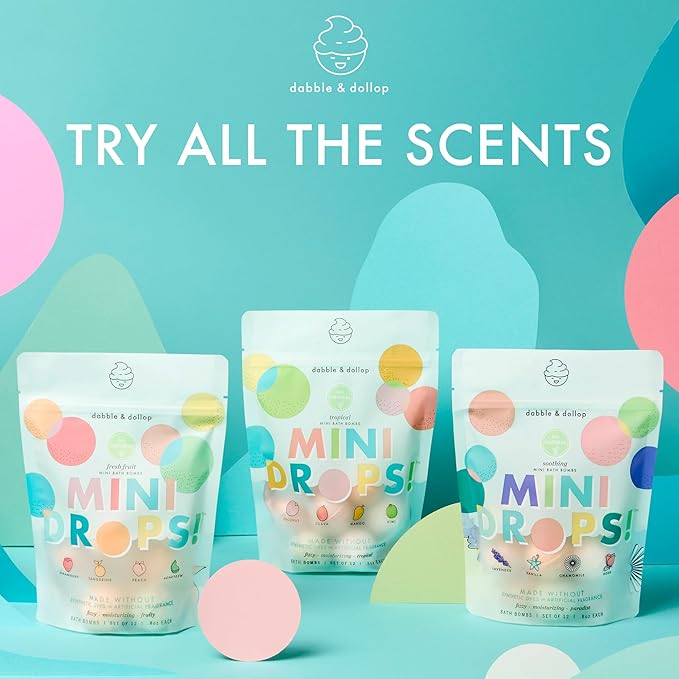 Dabble &amp Dollop Mini Bath Bombs 100% Natural Droplets for Kids Fresh Fruit Scents - Resealable Pouches Fizzy Moisturizing &amp Fun Vegan Gluten-Free Cruelty-Free (Set of 24)
