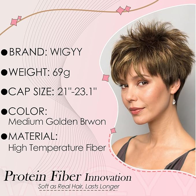 WIGYY Medium Golden Brown Pixie Wig for White Women ? Curly Short Wig with Bangs Glueless Heat-Resistant Synthetic Wig Soft Natural Look for Daily Wear or Older Women