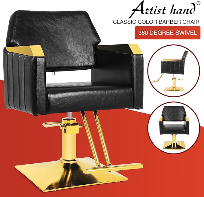 Artist hand Hair Salon Chair Hydraulic Salon Styling Chair 360 Degrees Rolling Swivel Barber Chair Beauty Salon Equipment for Hair Stylist Max Load 330 Lbs Black and Gold
