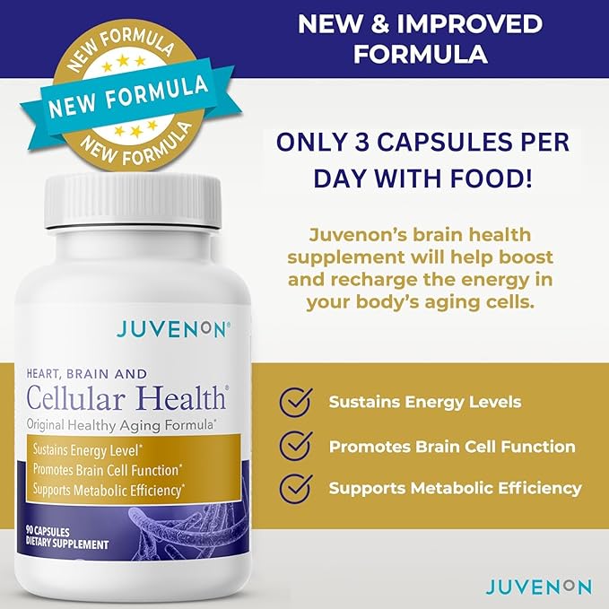 Juvenon Cellular Health | Heart Brain Supplement with Acetyl L-Carnitine and Biotin - Supports NAD+ Function Energy Production Mood Revitalized Metabolism Mental Focus &amp Clarity (90 Capsules)