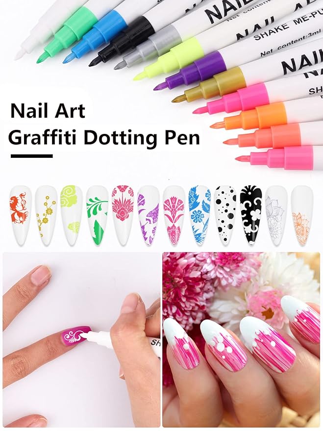 12 Color 3D Nail Art Pens Set Kalolary Nail Point Graffiti Dotting Pen Drawing Painting Liner Brush for DIY Nail Art Beauty Adorn Manicure Tools
