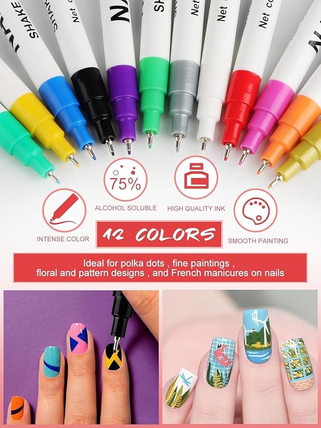 12 Color 3D Nail Art Pens Set Kalolary 0.5MM Nail Pens Nail Point Graffiti Dotting Pen Drawing Painting Liner Brush for DIY Nail Art Beauty Adorn Manicure Tools