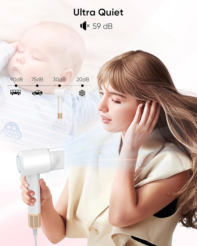 Hair Dryer High-Speed Ionic Low Noise Blow Dryer with Brushless Motor for Fast Drying Thermo-Control Quiet Compact Hair Blow Dryer with Magnetic Diffuser for Curly Hair for Home Travel Salon