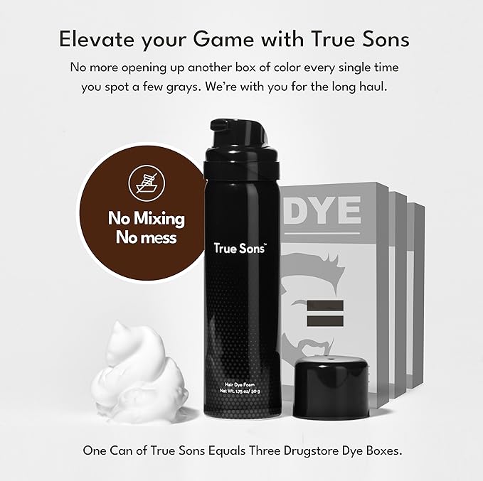 True Sons Hair Dye Foam for Men - Natural Look - Effortless Multi-Use Dye Kit with Instant Color Booster Applicator Ammonia-Free Formula Simpler Hair and Beard Dye (Brown Black)