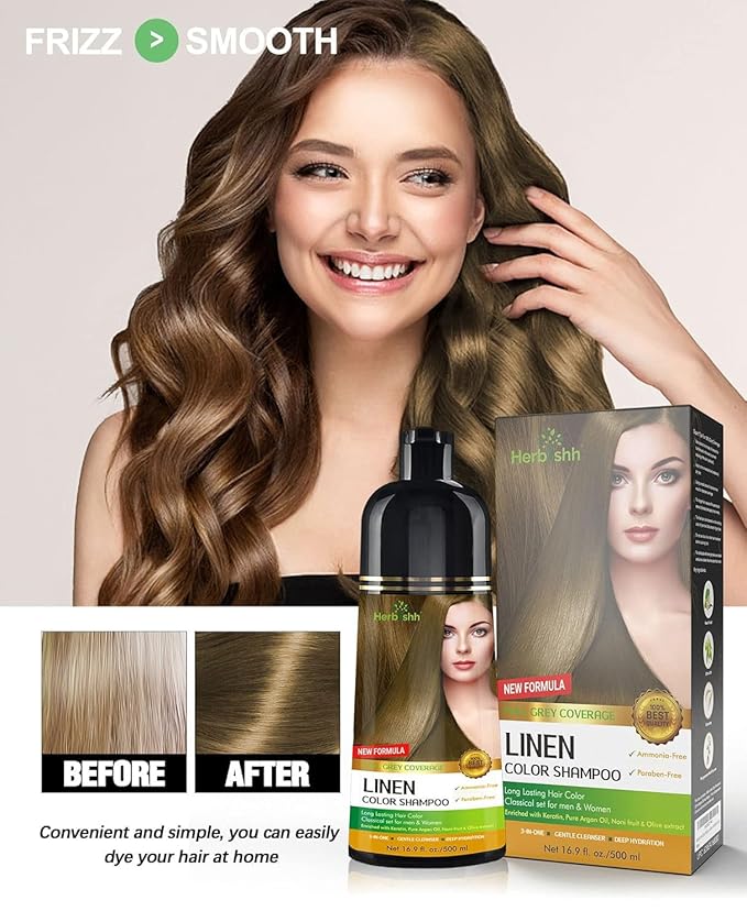 Herbishh Hair Color Shampoo - Magic Gray Hair Dye Long-Lasting 3-in-1 Coloring Formula 500ml Ammonia-Free (Linen)