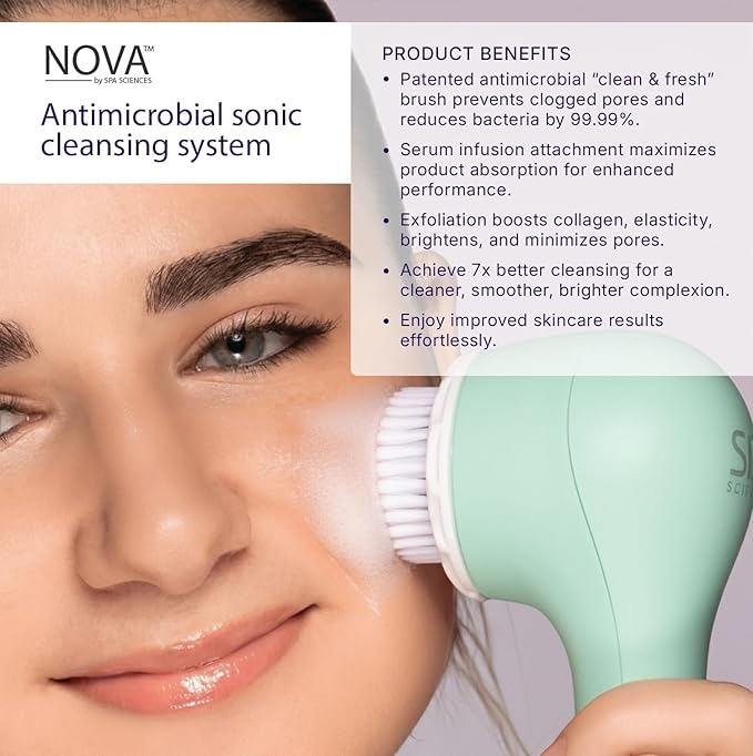 Spa Sciences - NOVA - Sonic Cleansing Brush with Bristles &amp Infusion System ? Anti-Aging Facial Exfoliating Waterproof and USB Rechargeable