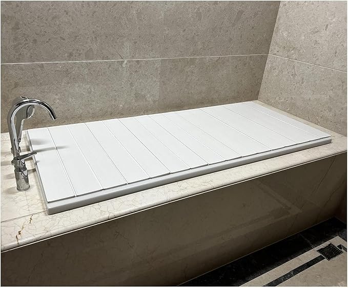 DAZULI Folding Bathtub Cover Shutter Style Bath Lids PVC Bathtub Covers White Wood Grain Bathtub Tray Keep Dust/Junk Out Keeping The Bath Water Warm(Size:75x115x0.6cmColor:White)