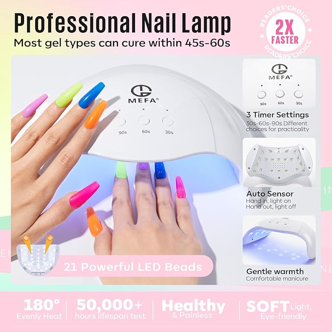 MEFA 56 Pcs Gel Nail Polish Kit with U V Light 32 Colors Hot Pink Colorful Gel Nail Kit Glitter nail Polish Set Nail Art Decorations Manicure Tools DIY Gifts
