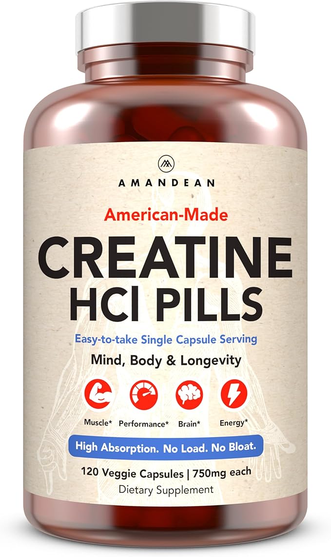 AMANDEAN Creatine HCl Pills. American Made CON-CRET. 120 Capsules. 7X Concentrated vs Monohydrate Powder. No Bloat. Muscle Energy Cognitive Recovery Support for Men &amp Women. Gluten Free Non-GM