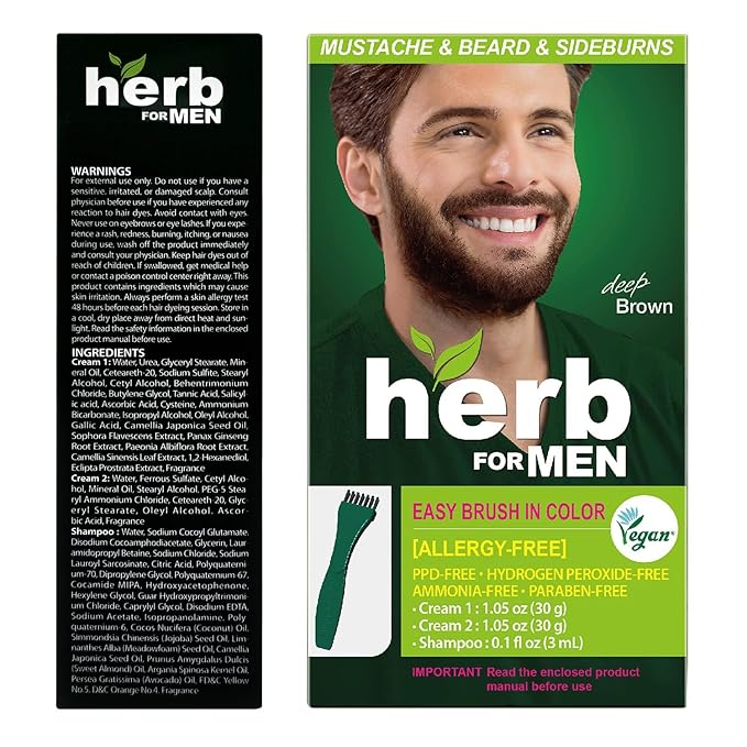 Herb For Men Mustache &amp Beard Dye (Deep Brown 3 Pack) PPD-Free Ammonia-Free Hypoallergenic Beard Dye Vegan with Natural Ingredients Odorless Gentle for Sensitive Skin No Skin Irritation
