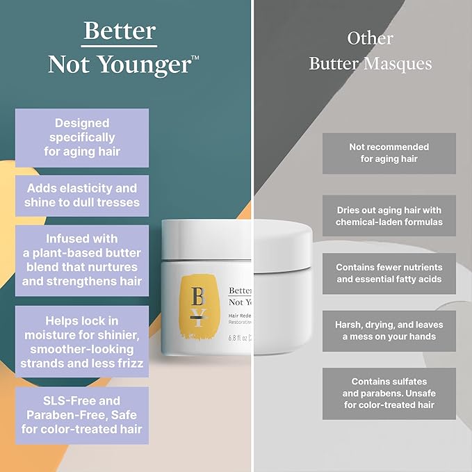 Better Not Younger Restorative Butter Hair Masque 6.8 fl oz - Hair Repair Mask with Plant-Based Butters Biotin Argan &amp Caffeine for Women Over 40 - Restores Moisture Adds Volume &amp Boosts Sh