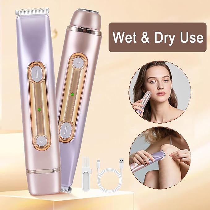 2 in 1 Bikini Trimmer for Women Dual Head Electric Razor IPX7 Waterproof Wet/Dry Use Women Electric Shaver Body Facial Hair Remover for Bikini Legs Arm Underarm Rechargeable