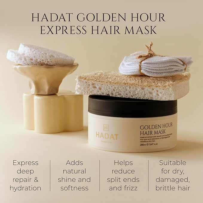 HADAT Golden Hour Express HAIR MASK ? Premium Professional Hair Treatment with Pearl Powder ? Hydration for Dry Damaged Hair ? Nourishing Oils ? Split Ends ? Salon Quality ? Made in Israel 9.47 Fl Oz