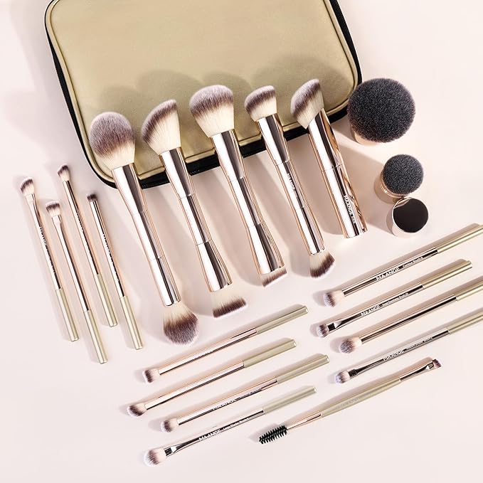 MAANGE 20 PCS Makeup Brush Set with Bag Double-ended Kabuki Brush Foundation Contour Brush for Liquid Powder Concealer Eye Shadows Cream Cosmetics Blending Blush Face Makeup Tools with Case (Gold)