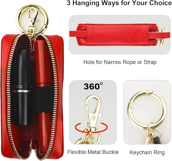 Bocasal Leather Lipstick Case Holder Chapstick Keychain Pouch Zipper Lip Balm Lip Gloss Bag for Purse with Key Chain Elastic Band Makeup Travel Organizer Cosmetic Storage Kit for Women Girls (Red)