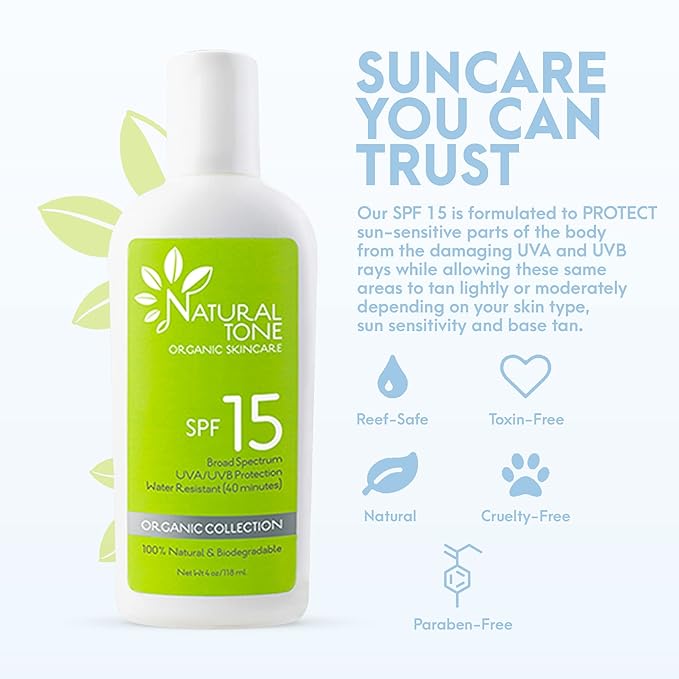 SPF15 Broad Spectrum Natural Sunscreen Soothing &amp Hydrating Sunscreen Lotion Plant-Based Sun Block Water-Resistant Sun Screen Protector for Face and Body 4oz - Natural Tone Organic Skincare