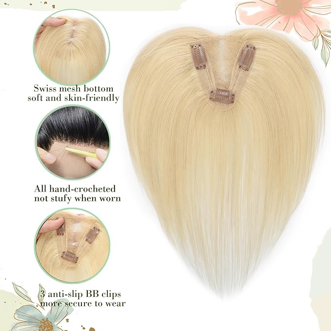 Blonde Hair Toppers for Women Real Human Hair 360°3D No Bangs Pieces Upgrade Lace Base Premium Remy Hair Toppers for Women(Blonde 10Inch)