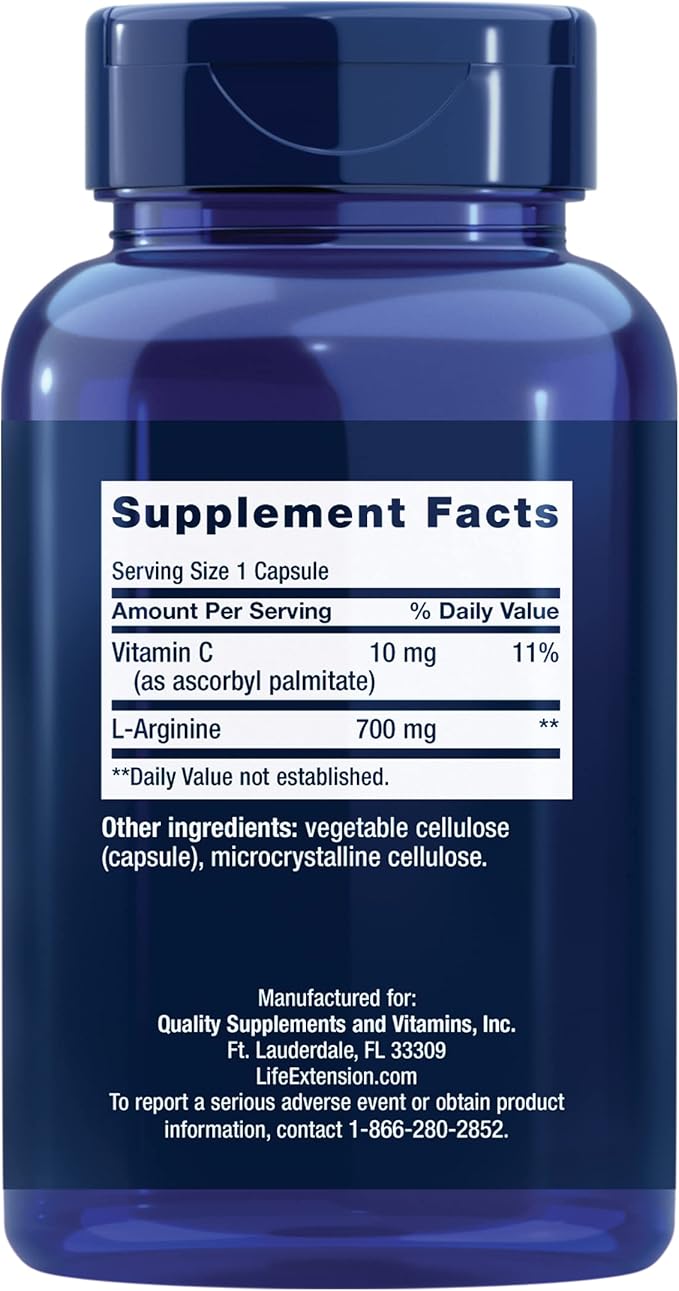 Life Extension L-Arginine Caps 700 mg Vitamin C &amp Amino Acid for Optimal arterial Health Supports Heart &amp Immune Health Healthy Tissue &amp Bones Gluten Free Non-GMO 200 Capsules