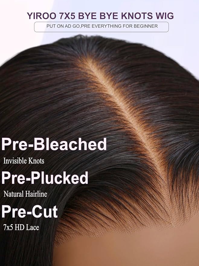 YIROO Bye Bye Knots 7x5 Lace Straight Bob Wig Glueless Human Hair Wig with Elastic DrawstringPre Plucked Pre Cut Short Bob Lace Closure Wig Wear and Go Natural Color 150% Density 12Inch