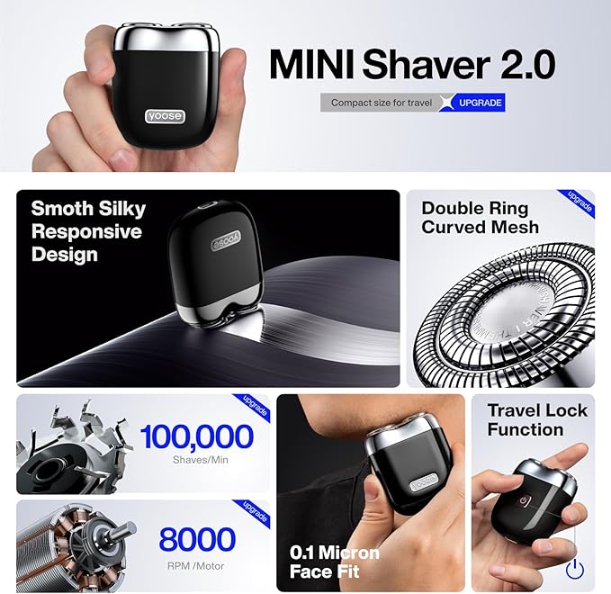 yoose Alloy Mini Shaver Portable Electric Razor for Men IPX7 Waterproof Dry Shave USB-C Rechargeable Easy to Clean Magnetic Detachable Head Cordless Electric Shaver 60 Mins Runtime Black