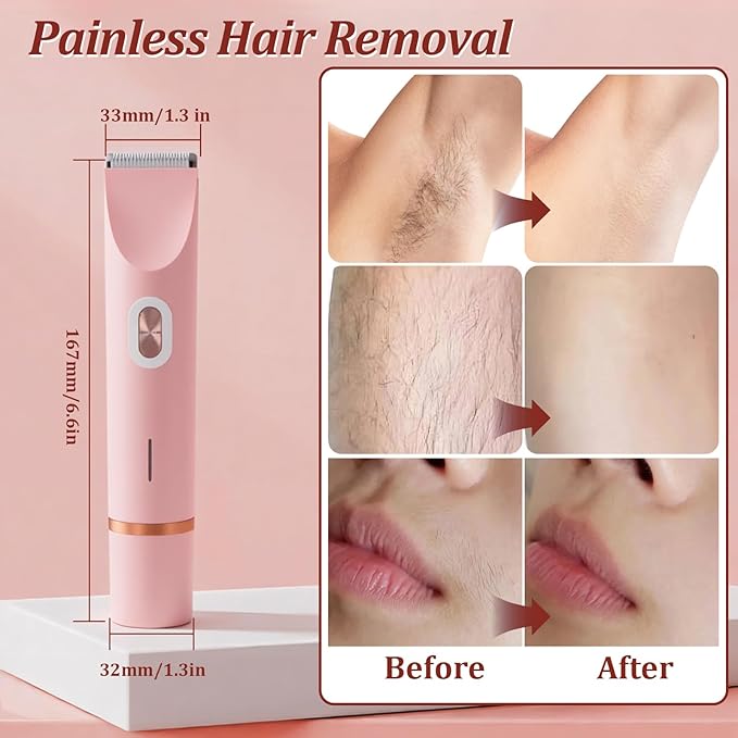 VINGVO Electric Hair Removal Epilator for WomenDual Head Bikini Trimmer Waterproof? Facial Remover Lady Hair Bikini Shaver for Face Lip Chin Cordless Pubic Hair Removal for Face &amp Legs (Pink